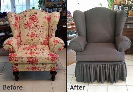 Wing chair slipcover with gathered skirt
