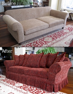 slipcovered sofa and custom pillows