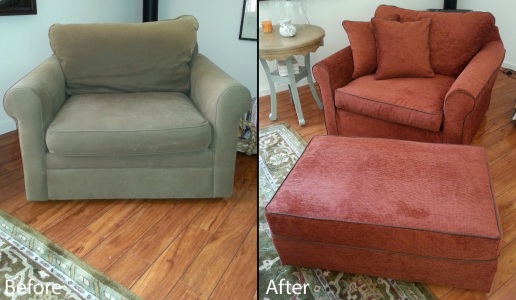 Slipcovered armchair and ottoman with custom pillows